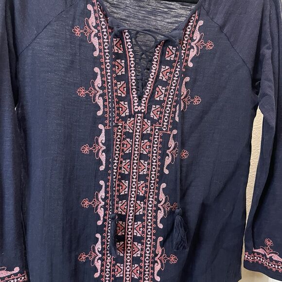 Lucky Brand Navy Blue Embroidered Boho Cottage Tassel Top Womens Size XS - Picture 2 of 7